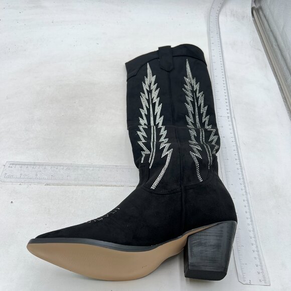 FOWT Black Pointed Toe Knee High Boots Chunky High Heel Embroidery Cowboy Boots - Picture 3 of 8